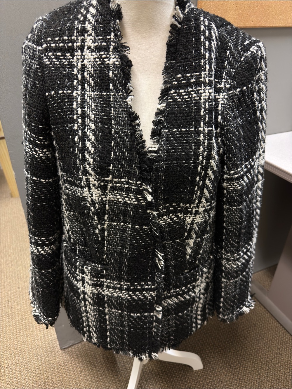 Express Black and White Tweed Fringe Blazer